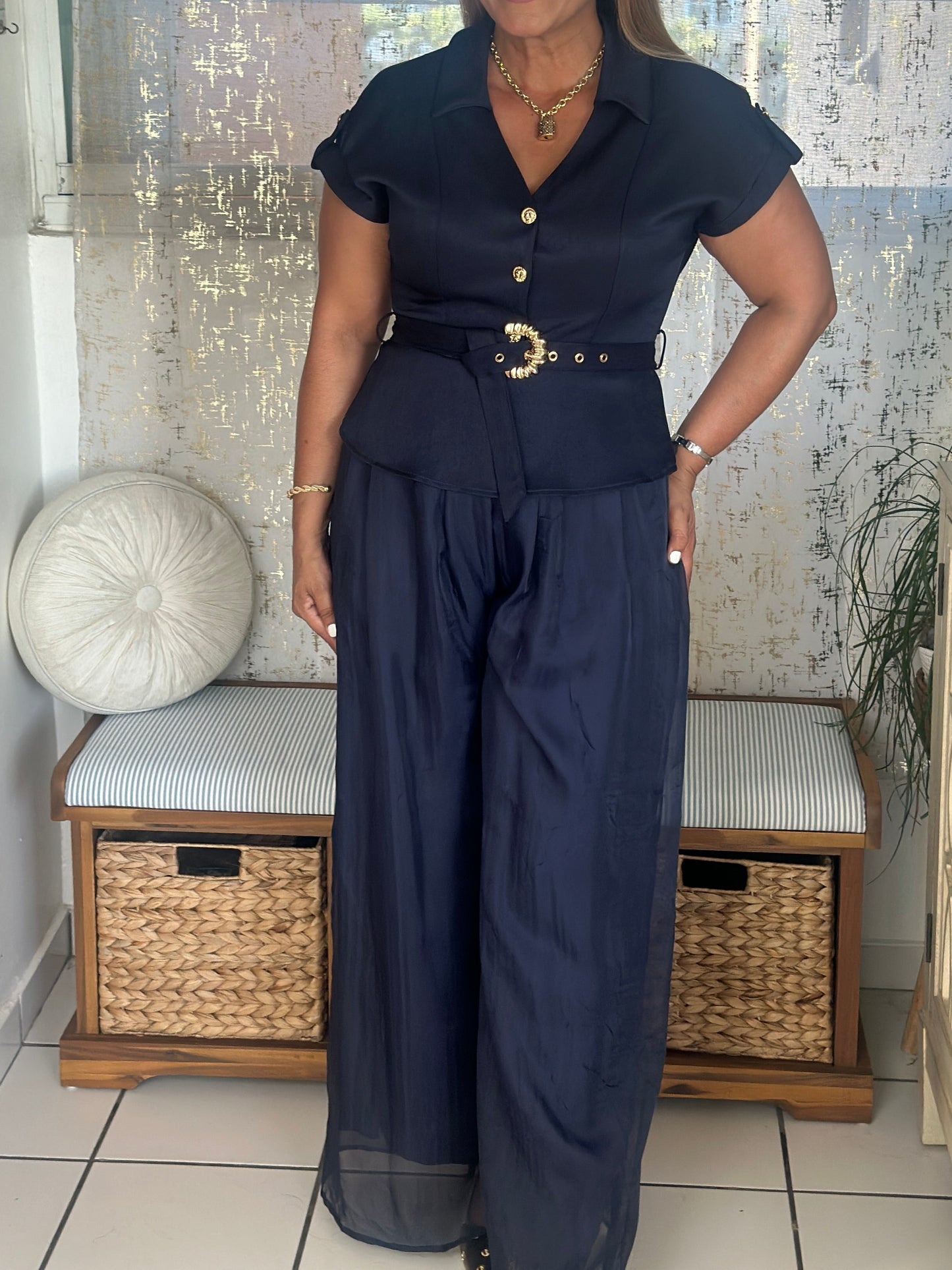 Destellos Navy Collar Neck Jumpsuit