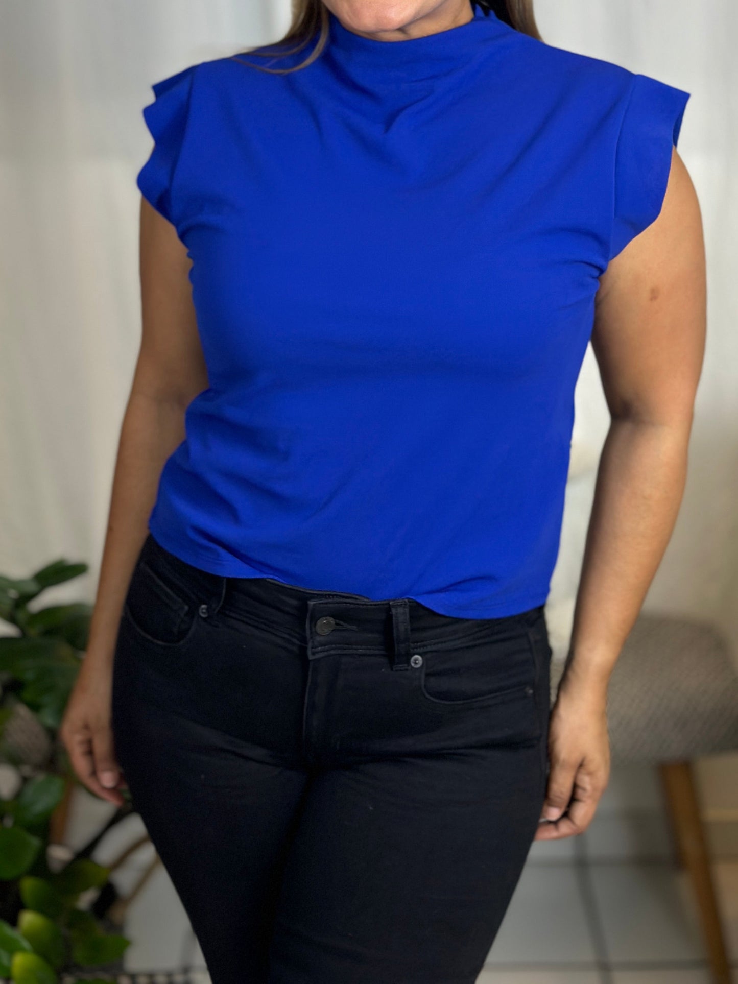 Destellos Blue Mock Neck Elegant Top