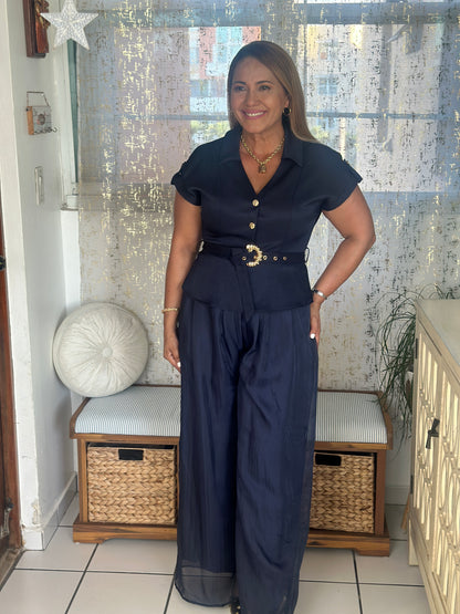 Destellos Navy Collar Neck Jumpsuit