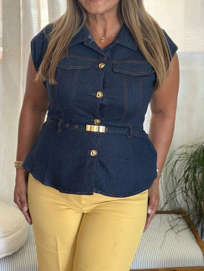 Destellos Dark Denim Peplum Top