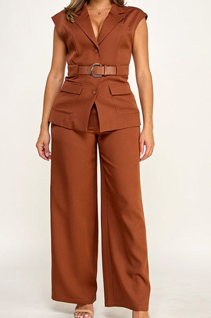 Destellos Brown Vest Belted & Pants Set🤎