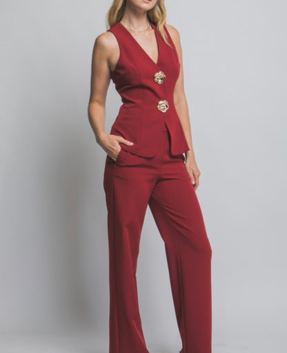 Destellos V-Neck Top & Casual Pants Set – Wine