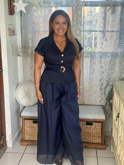 Destellos Navy Collar Neck Jumpsuit