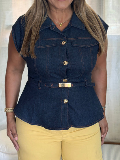 Destellos Dark Denim Peplum Top