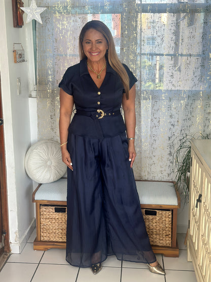 Destellos Navy Collar Neck Jumpsuit