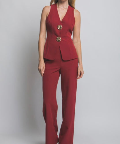 Destellos V-Neck Top & Casual Pants Set – Wine