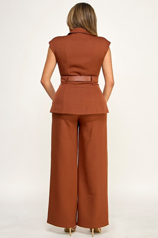 Destellos Brown Vest Belted & Pants Set🤎