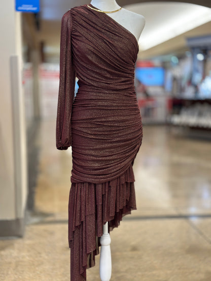 Destellos Asymmetric One-Shoulder Merlot Dress