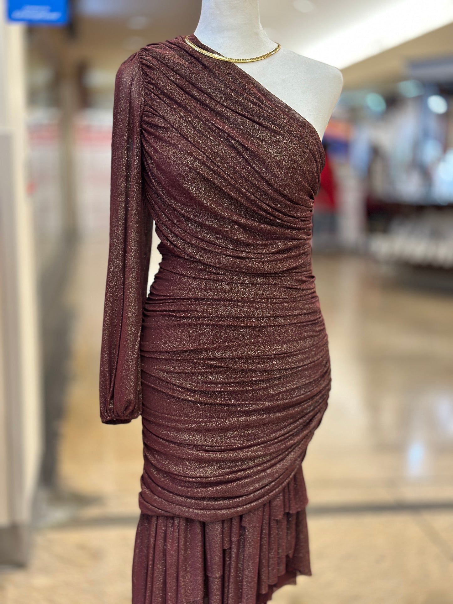 Destellos Asymmetric One-Shoulder Merlot Dress