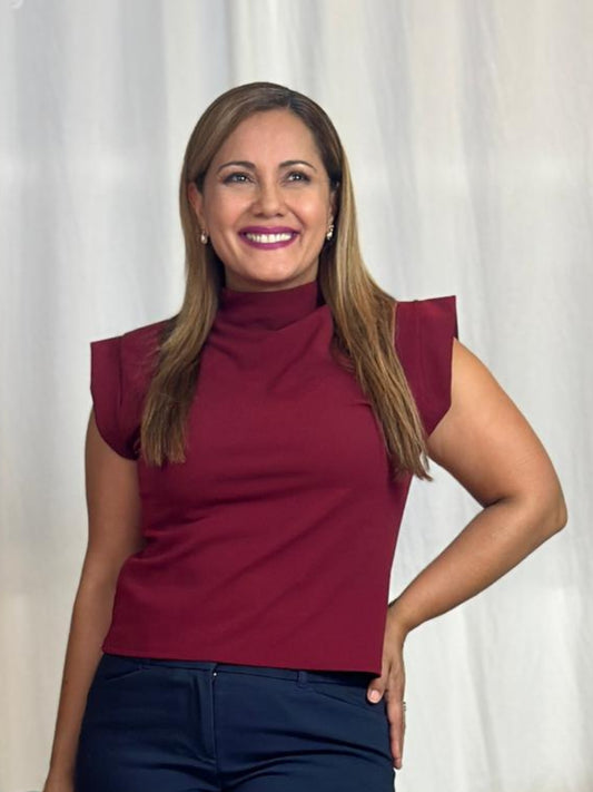 Destellos Burgundy Mock Neck Elegant Top