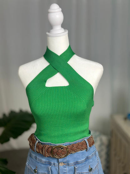 Destellos Green X Neck Basic Top