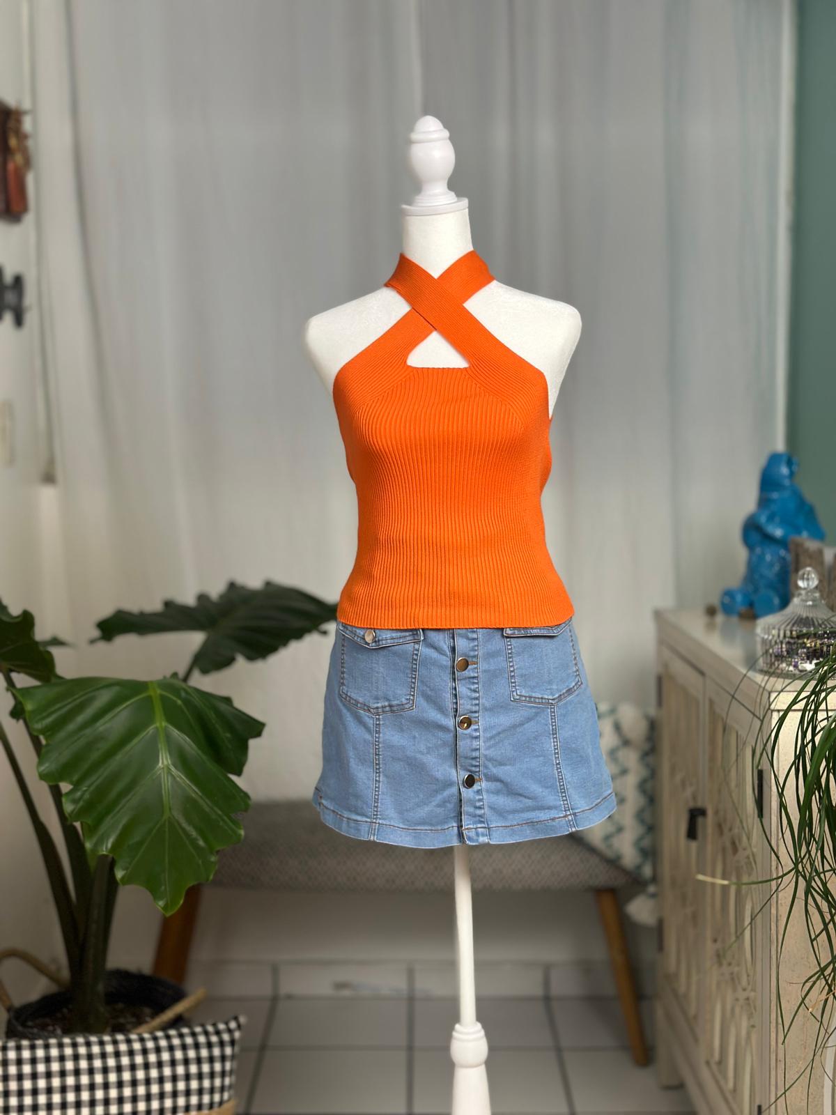 Destellos Orange X Neck Basic Top