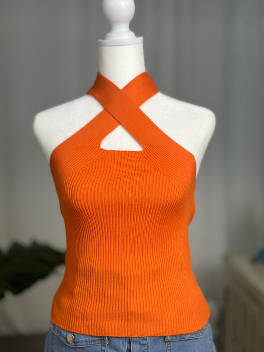 Destellos Orange X Neck Basic Top