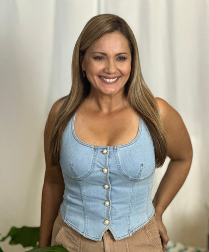 Destellos Denim Pearl Snap Corset Top