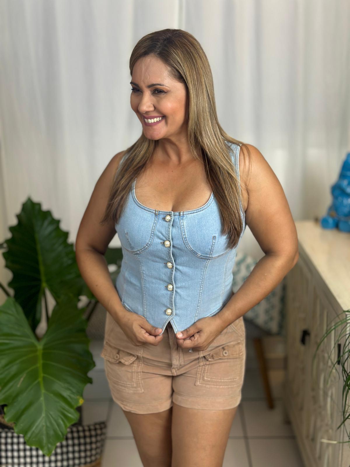 Destellos Denim Pearl Snap Corset Top