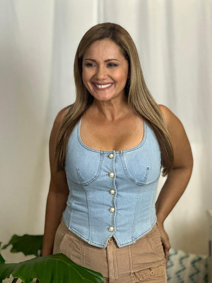 Destellos Denim Pearl Snap Corset Top